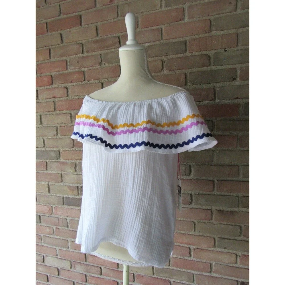 Off the Shoulder Top Womens L White Gibson x Hi Sugarplum! Santa Fe Rickrack